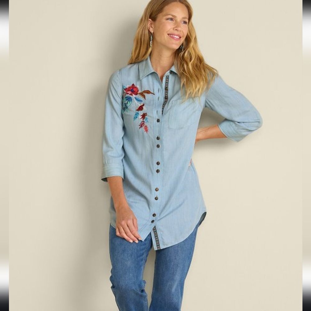 Soft Surroundings Aveline Floral Beaded Blue Chambray Top Womens‎ Sz Large